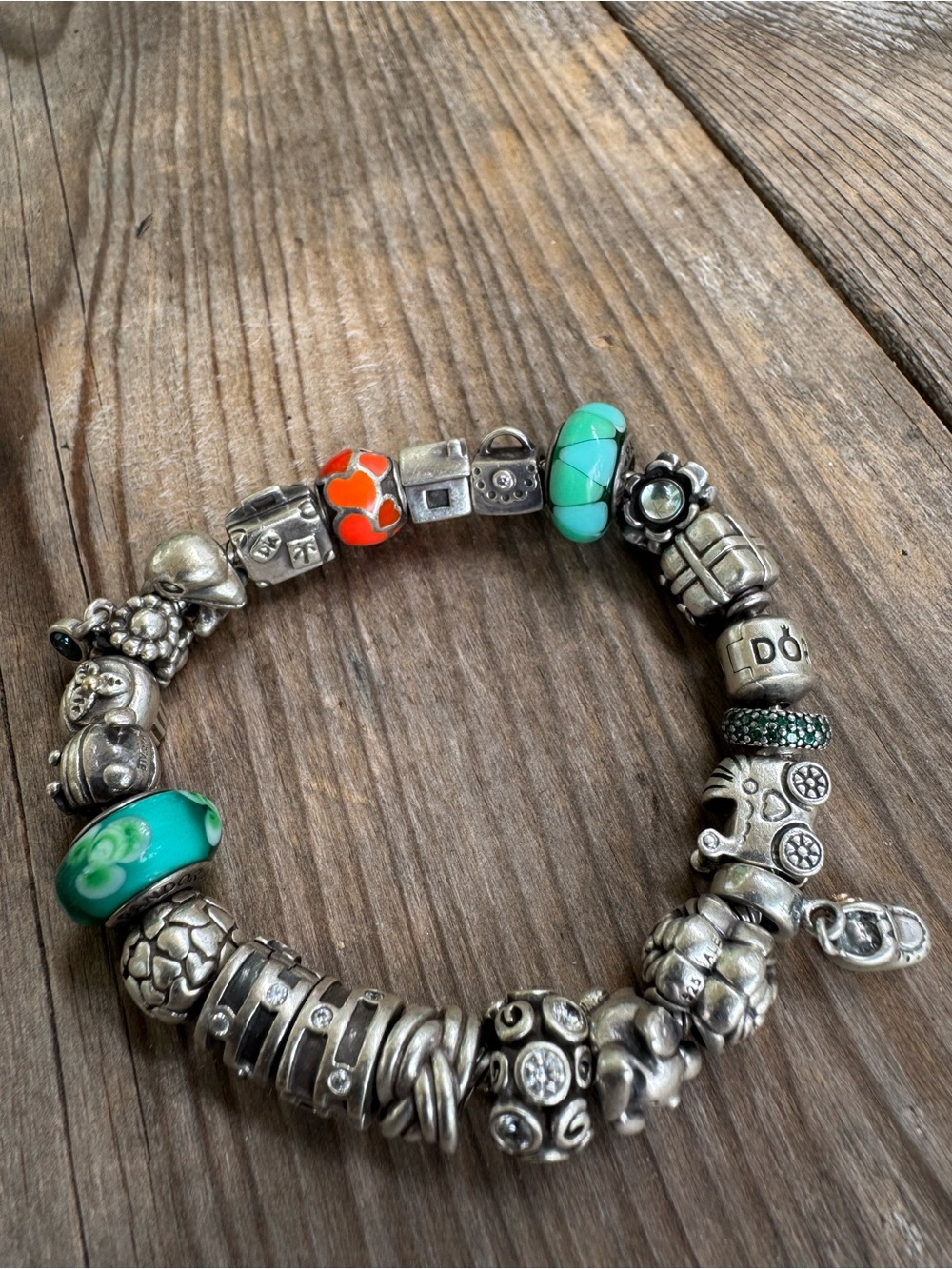 Pandora Silver Charm Bracelet with Turquoise and Orange Accents